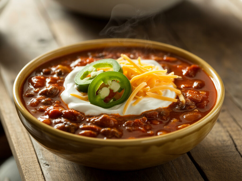 Keto chili topped with sour cream, cheddar cheese, and jalapeños in rustic bowl
