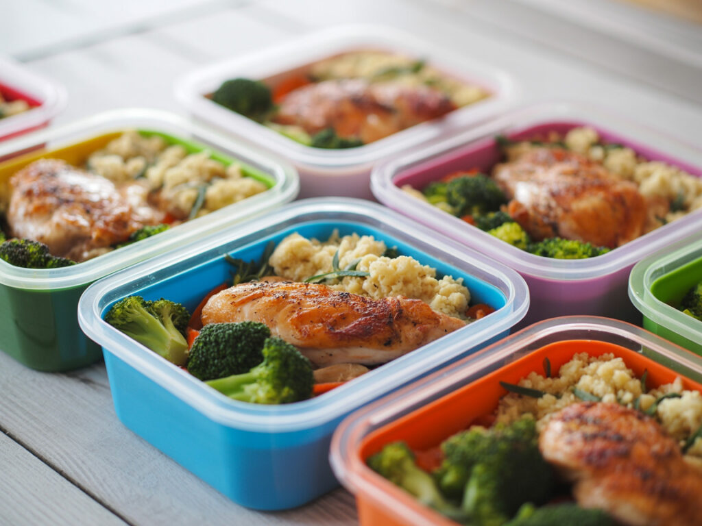 Meal prep containers with various keto dinner recipes organized for the week