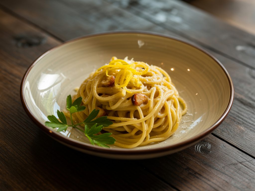 Lemon garlic pasta with wilted spinach, olive oil, and fresh parmesan cheese