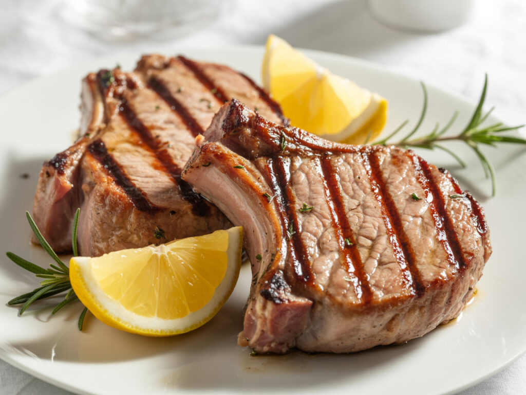Grilled lemon herb pork chops with fresh herbs and lemon slices on white plate