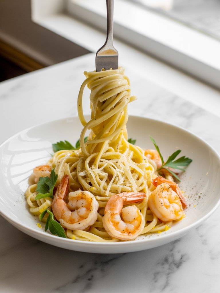Lemon pepper shrimp pasta with parmesan cheese and fresh herbs