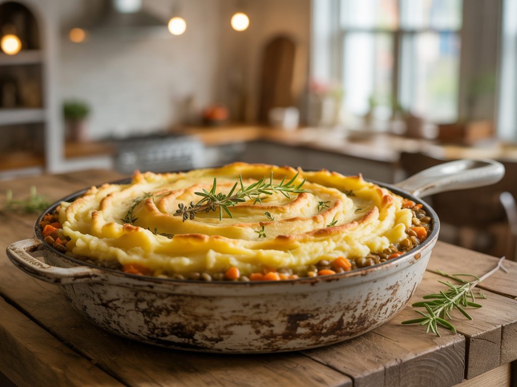 Golden baked vegetable shepherd's pie with crispy mashed potato topping in cast iron skillet