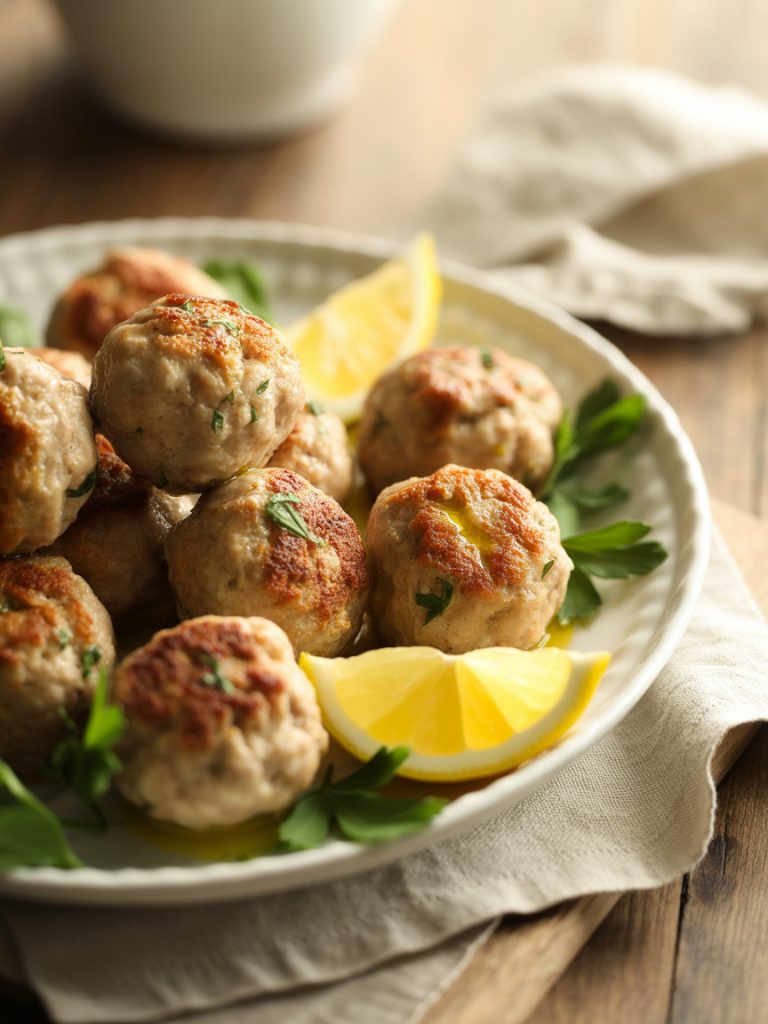 Golden brown Mediterranean turkey meatballs garnished with fresh herbs and lemon zest on white platter