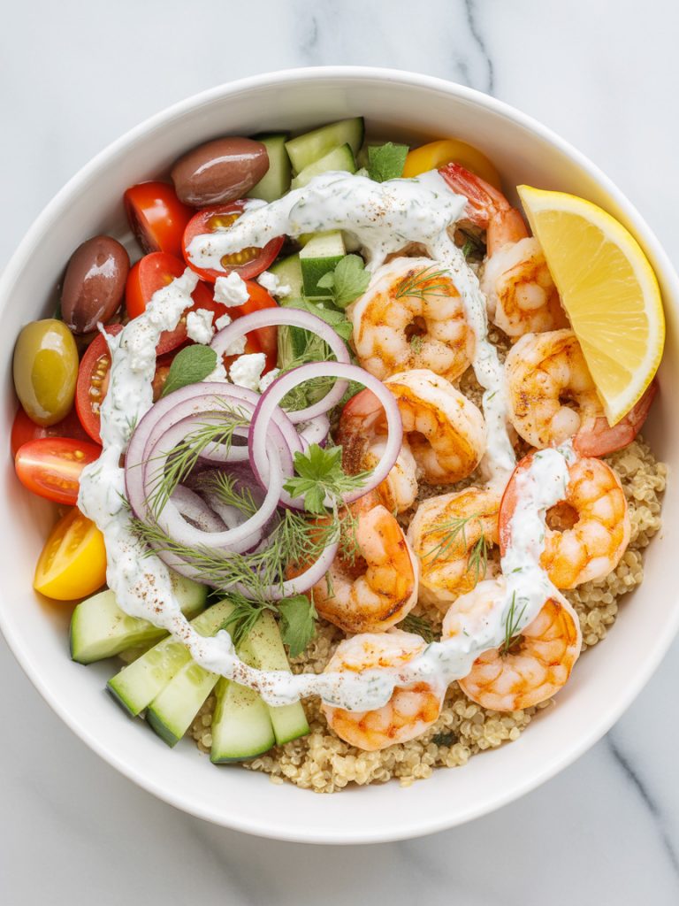 Mediterranean shrimp bowl with quinoa, vegetables, feta cheese, and tzatziki