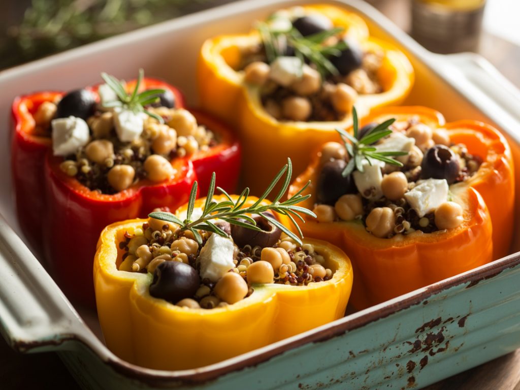 Colorful bell peppers stuffed with quinoa, chickpeas, olives, and feta cheese in baking dish