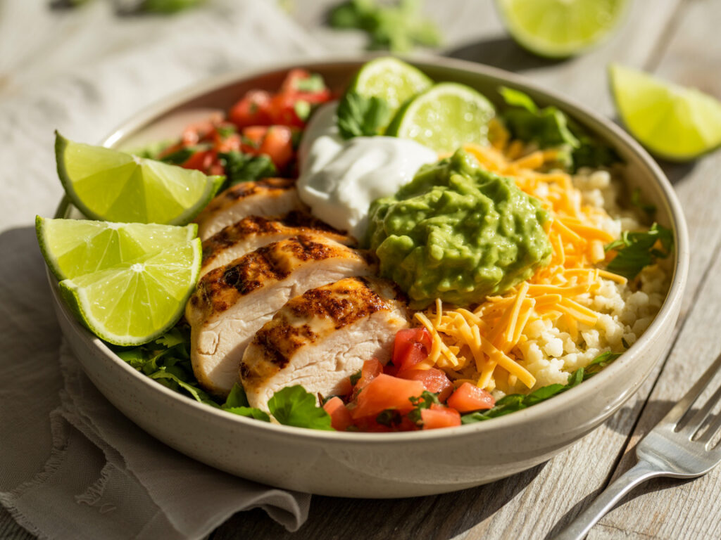 Mexican cauliflower rice bowl with grilled chicken, cheese, guacamole, and sour cream