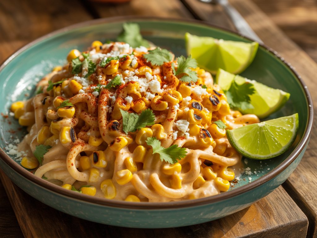 Mexican street corn pasta with charred corn, cotija cheese, cilantro, and lime wedges