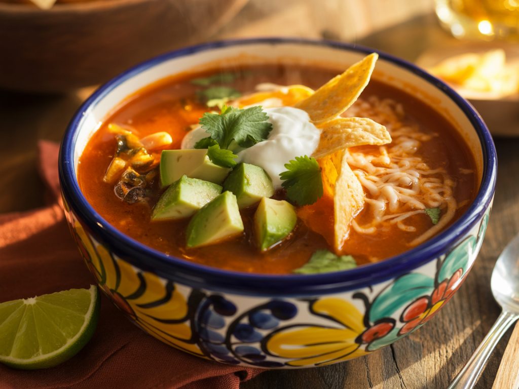 Mexican tortilla soup topped with crispy tortilla strips, avocado, cheese, and cilantro
