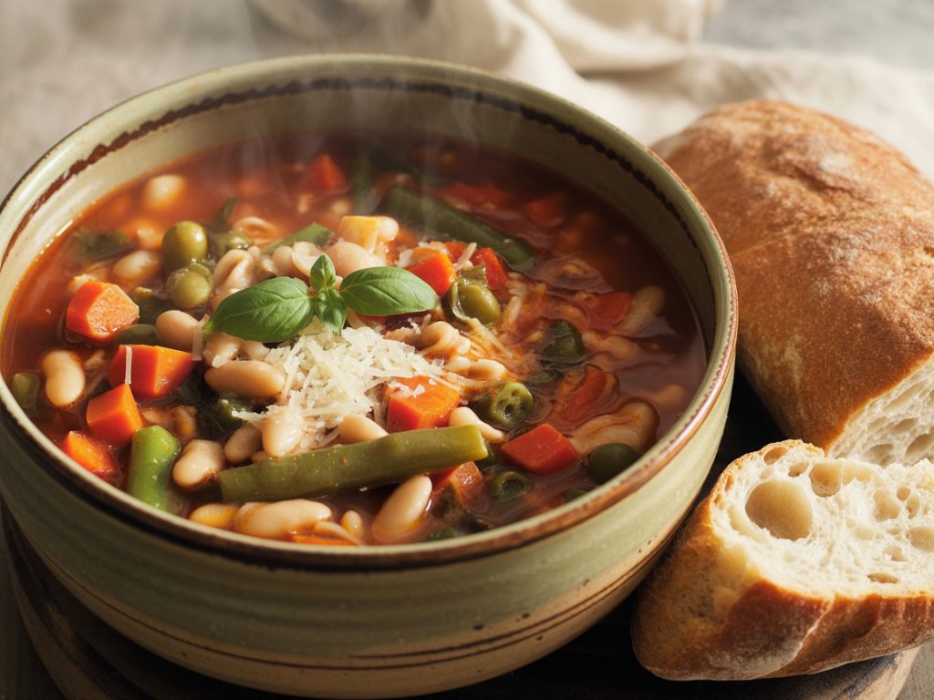 Hearty minestrone soup with vegetables, beans, and pasta garnished with parmesan and basil