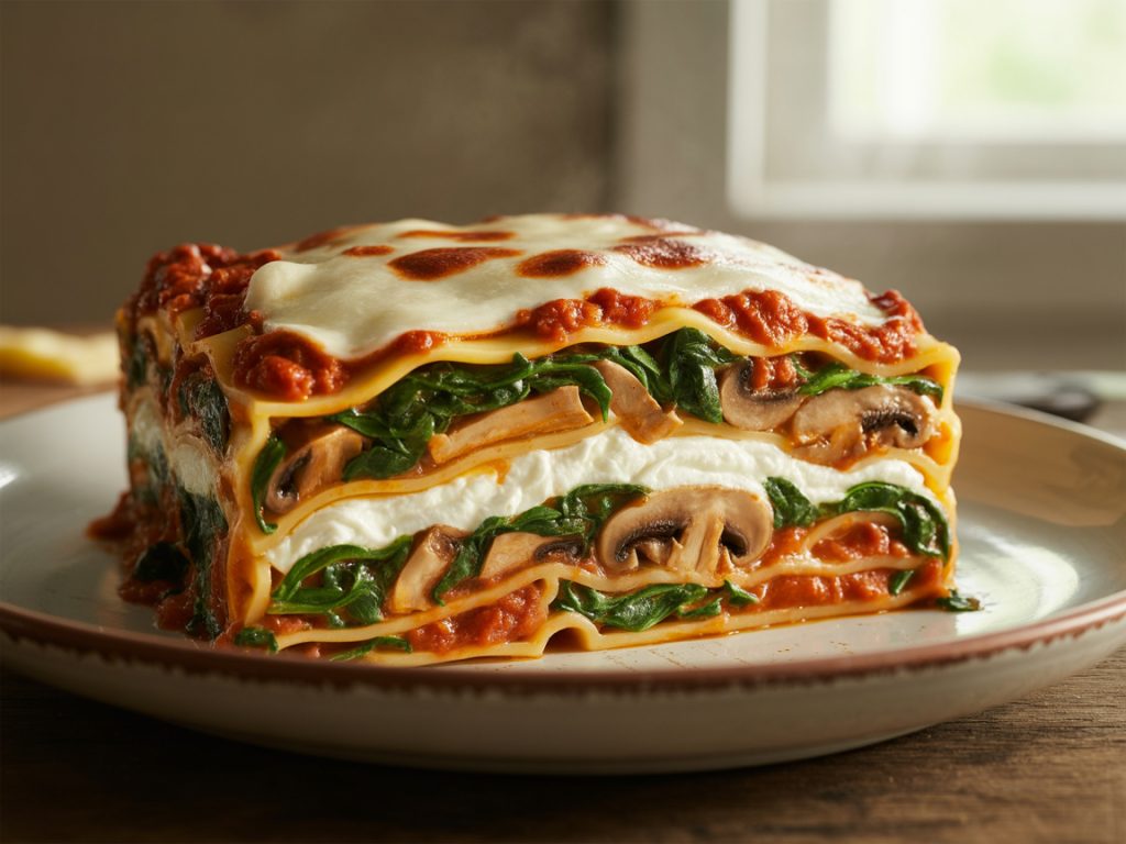 Layered mushroom and spinach lasagna with ricotta, mozzarella, and marinara sauce