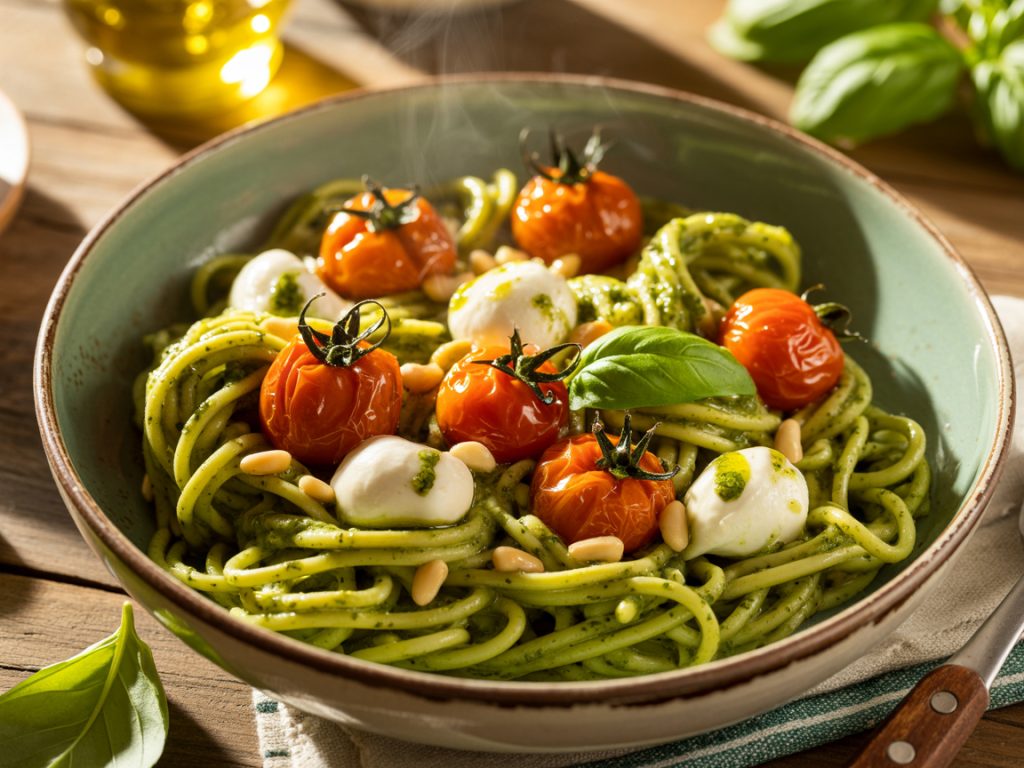 Pesto pasta with roasted cherry tomatoes, fresh mozzarella, and pine nuts