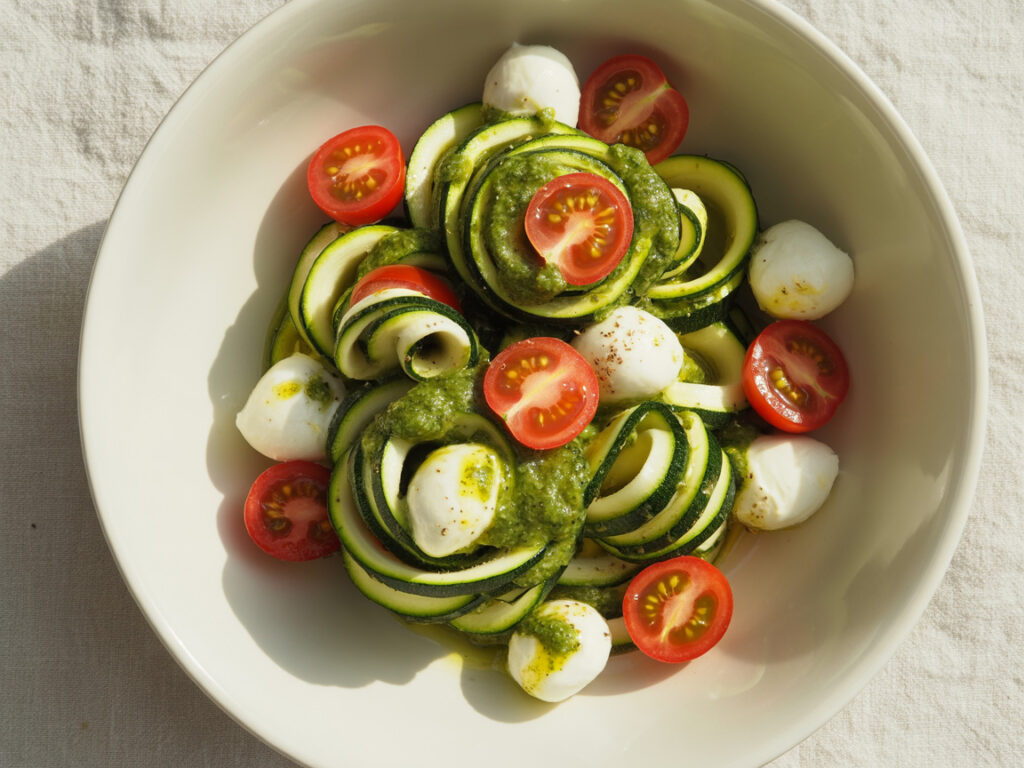 Zucchini noodles with pesto, cherry tomatoes, and mozzarella in white bowl