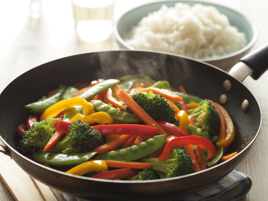Colorful vegetable stir-fry with bell peppers, broccoli, and snap peas served over white rice