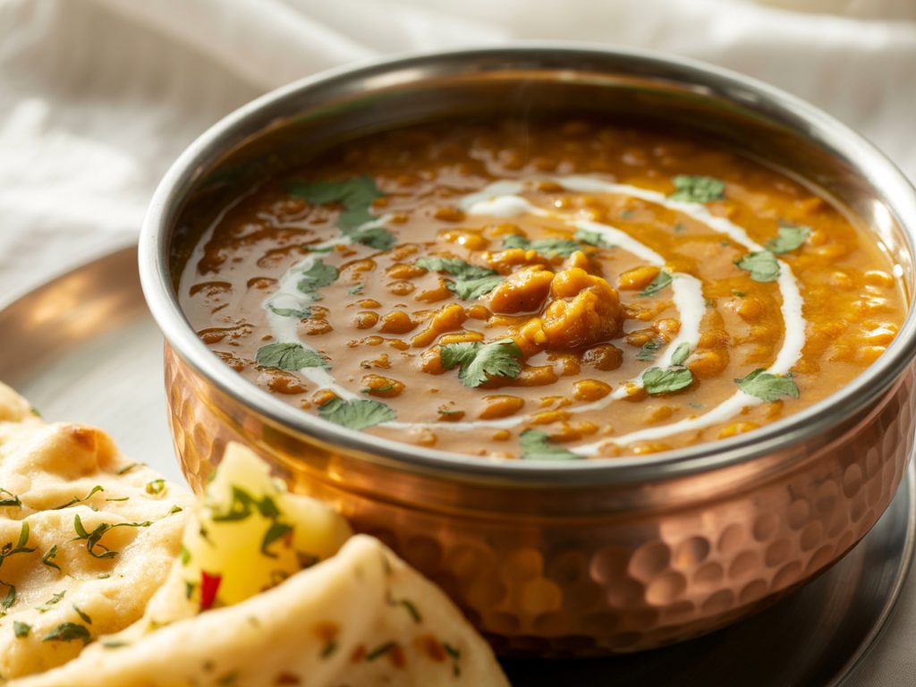 Creamy red lentil dal with turmeric garnished with cilantro served with naan bread