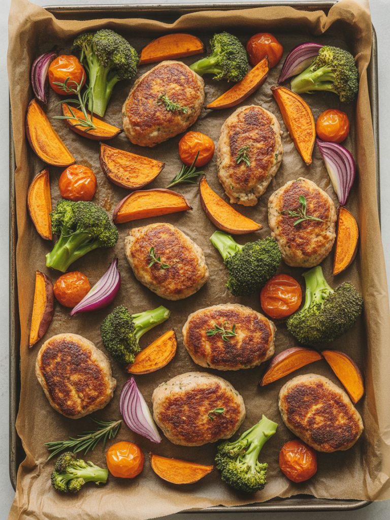 Sheet pan dinner with ground turkey patties, roasted sweet potatoes, broccoli, and cherry tomatoes