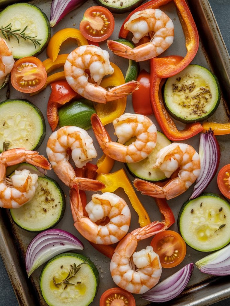 Sheet pan roasted shrimp with cherry tomatoes, zucchini, and bell peppers