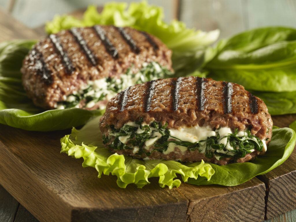 Grilled burger patties stuffed with spinach and feta cheese on wooden board with lettuce