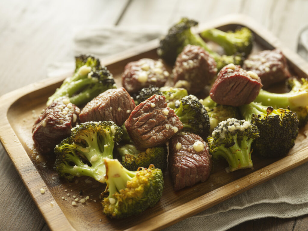 Steak bites with garlic parmesan roasted broccoli on serving platter