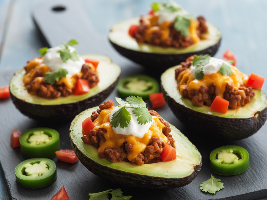 Avocado halves stuffed with seasoned ground beef, cheese, and sour cream on slate board