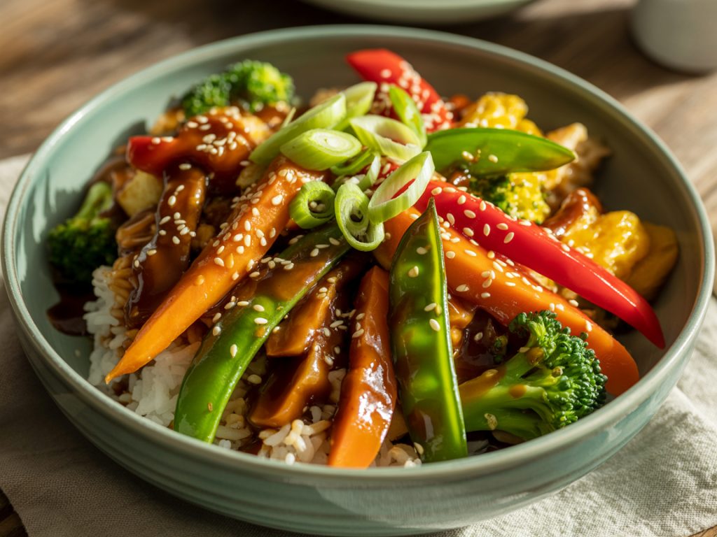 Teriyaki vegetable bowl with glazed broccoli, snap peas, and carrots over rice with sesame seeds