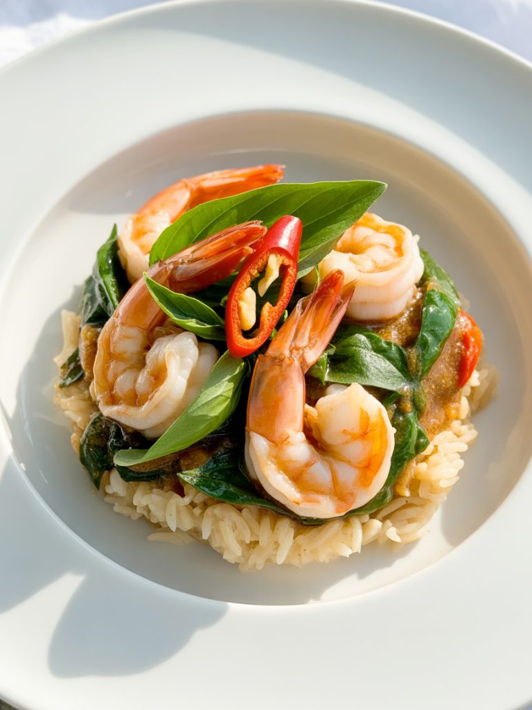 Thai basil shrimp with fresh basil leaves and red chilies over jasmine rice