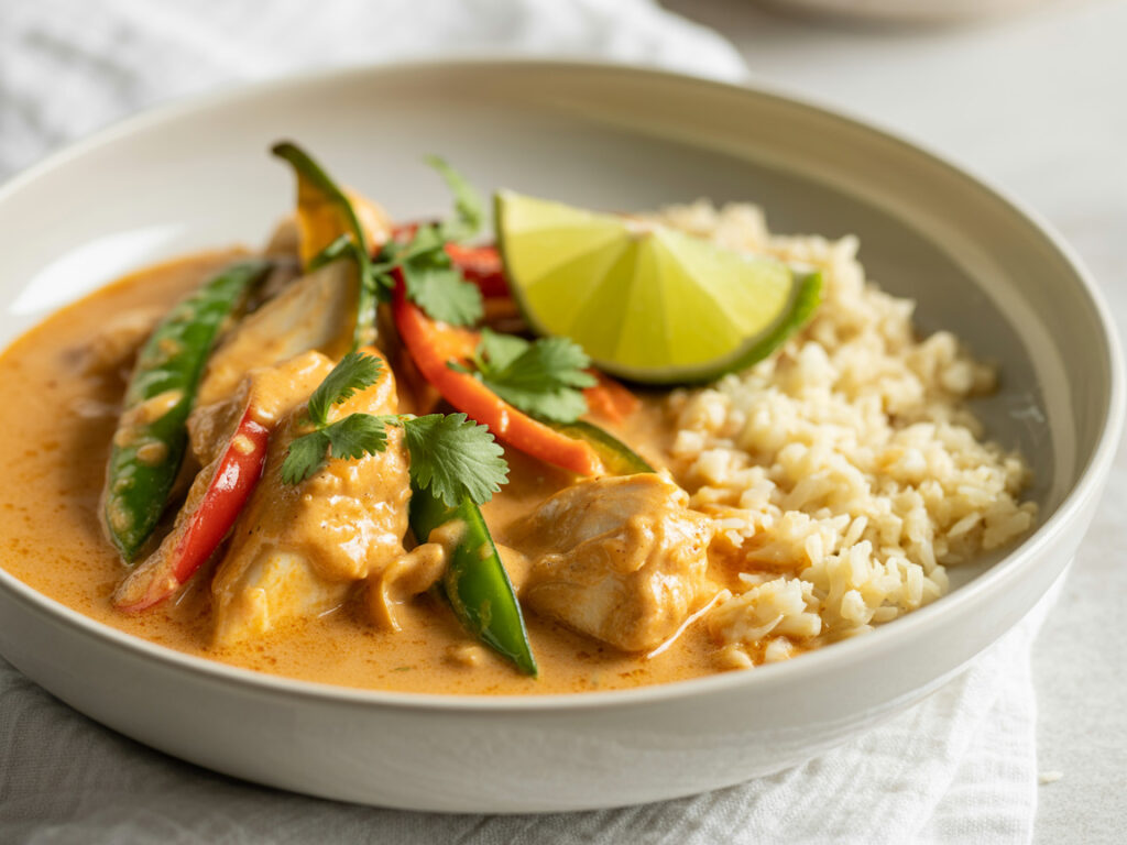 Thai coconut curry with chicken and vegetables over cauliflower rice in white bowl