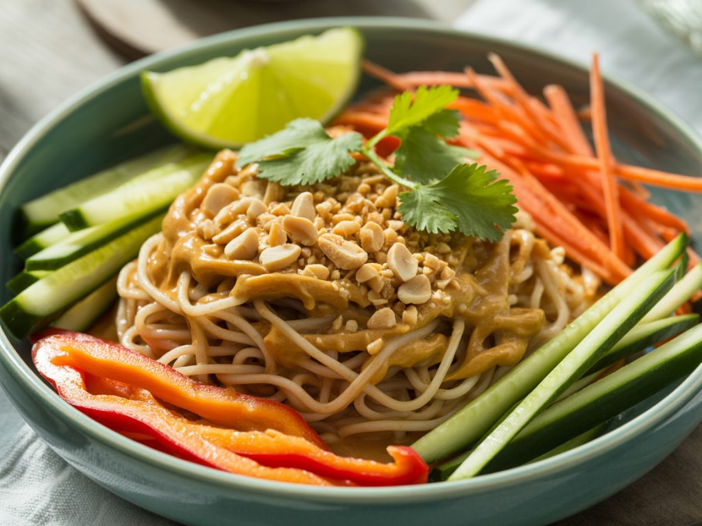 Thai peanut noodles with julienned vegetables topped with crushed peanuts and cilantro