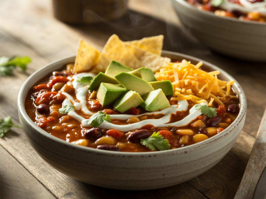 Hearty vegetarian chili topped with avocado, sour cream, cheese, and tortilla chips in rustic bowl