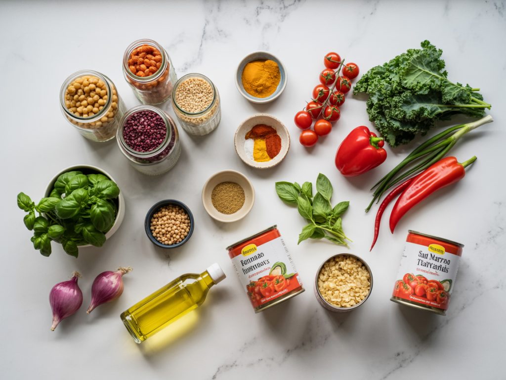 Essential vegetarian cooking ingredients including chickpeas, lentils, quinoa, fresh herbs, and spices on marble countertop