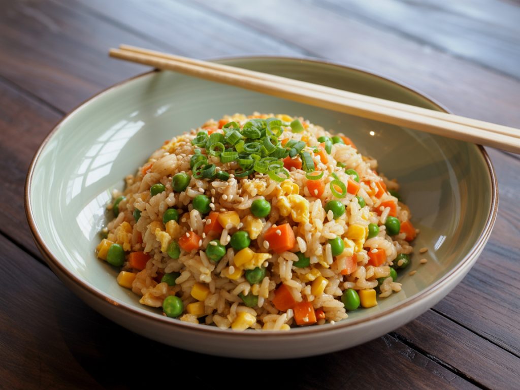 Vegetable fried rice with peas, carrots, corn, and egg garnished with green onions and sesame seeds