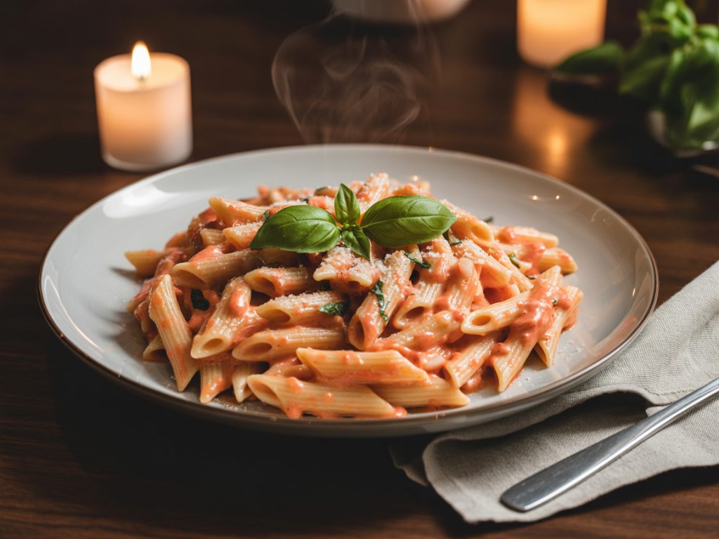 Penne pasta in creamy pink vodka sauce garnished with fresh basil and parmesan