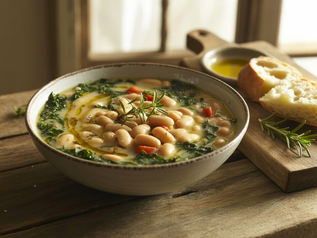 Tuscan white bean and kale soup with tomatoes and herbs served with crusty bread