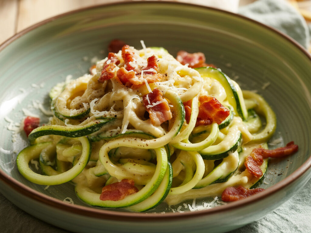 Zucchini noodles carbonara with crispy bacon and creamy parmesan sauce in ceramic bowl