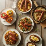 Variety of colorful sausage dinner recipes displayed on wooden table including stuffed peppers and breakfast hash