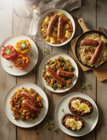 Variety of colorful sausage dinner recipes displayed on wooden table including stuffed peppers and breakfast hash