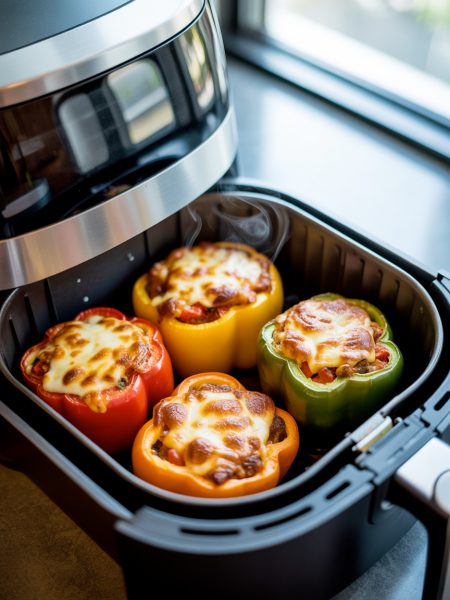 Air fryer stuffed bell peppers with golden crispy melted cheese on top fresh from air fryer basket