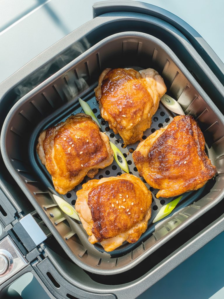 Crispy golden-brown teriyaki chicken thighs in air fryer basket with caramelized glaze and sesame seed garnish