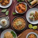 Colorful spread of various Asian dinner recipes including noodles, rice dishes, and stir-fries on wooden table