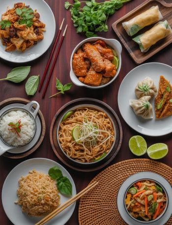 Colorful spread of various Asian dinner recipes including noodles, rice dishes, and stir-fries on wooden table