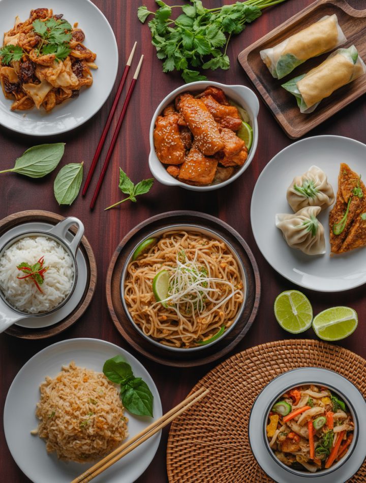 Colorful spread of various Asian dinner recipes including noodles, rice dishes, and stir-fries on wooden table