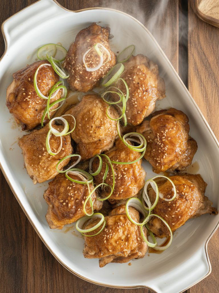 Golden-brown baked teriyaki chicken thighs with caramelized glaze on white platter, garnished with sesame seeds and green onions