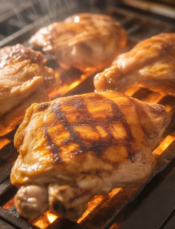 Golden-brown teriyaki chicken thighs under broiler with charred caramelized edges and bubbling glaze