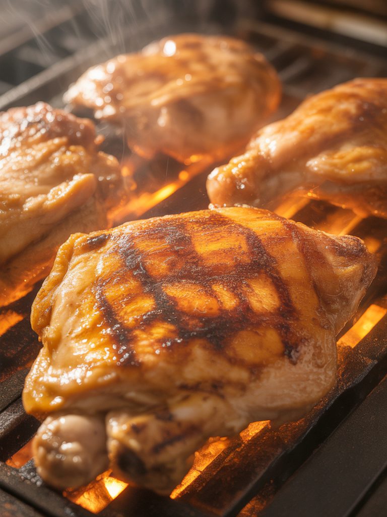 Golden-brown teriyaki chicken thighs under broiler with charred caramelized edges and bubbling glaze