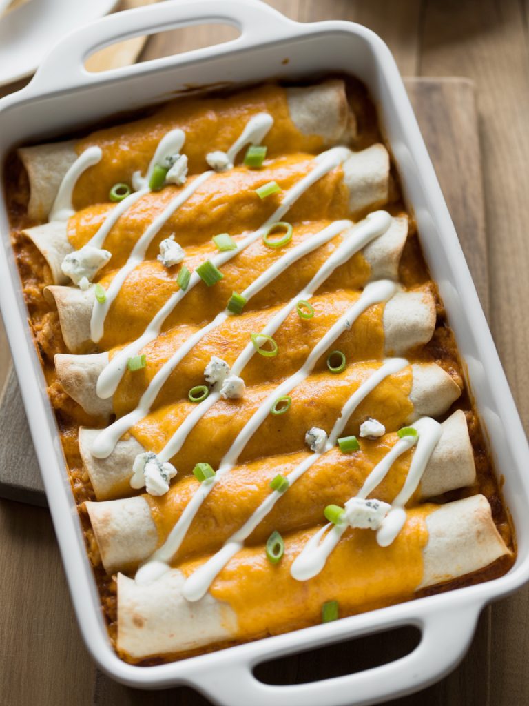 Buffalo chicken enchiladas in a baking dish drizzled with ranch dressing and topped with blue cheese crumbles and green onions