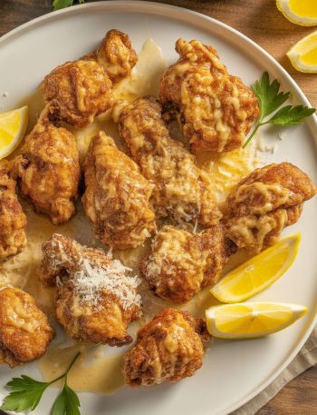 Crispy chicken pieces coated in glossy garlic parmesan sauce garnished with fresh parsley and grated parmesan