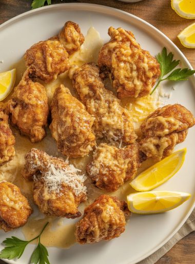 Crispy chicken pieces coated in glossy garlic parmesan sauce garnished with fresh parsley and grated parmesan