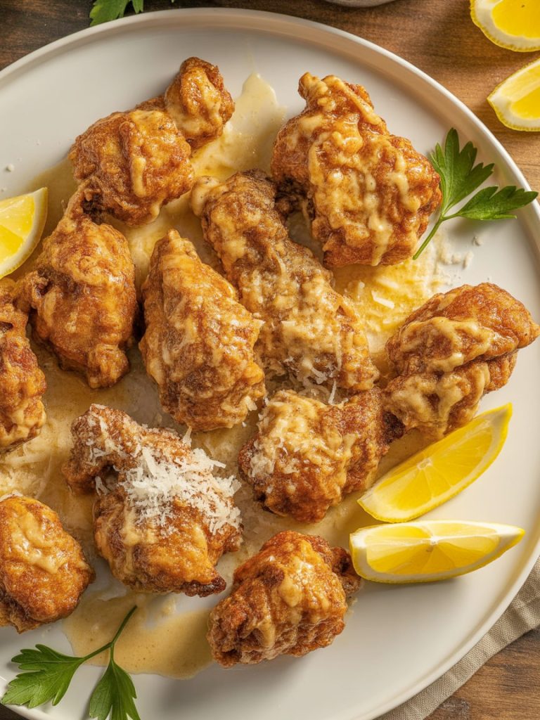 Crispy chicken pieces coated in glossy garlic parmesan sauce garnished with fresh parsley and grated parmesan