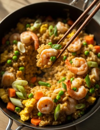 Overhead view of cauliflower fried rice with shrimp, vegetables, and scrambled eggs in wok with chopsticks