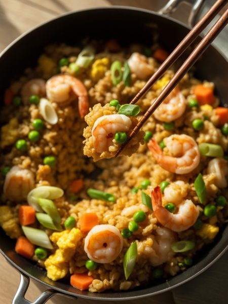 Overhead view of cauliflower fried rice with shrimp, vegetables, and scrambled eggs in wok with chopsticks
