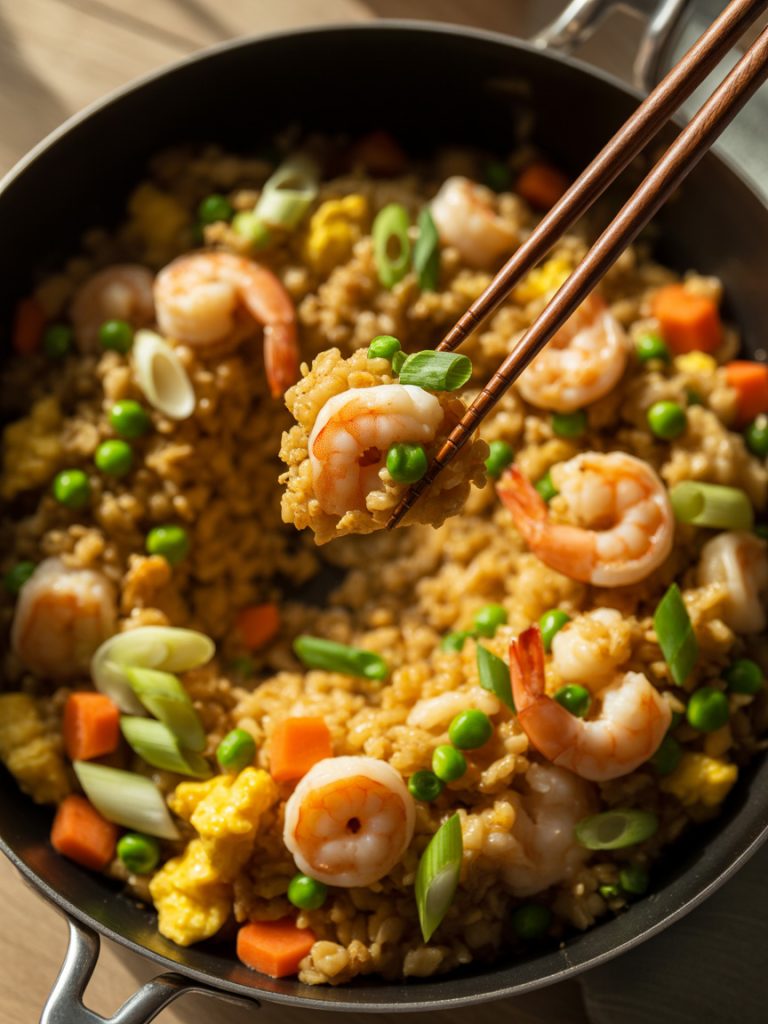 Overhead view of cauliflower fried rice with shrimp, vegetables, and scrambled eggs in wok with chopsticks